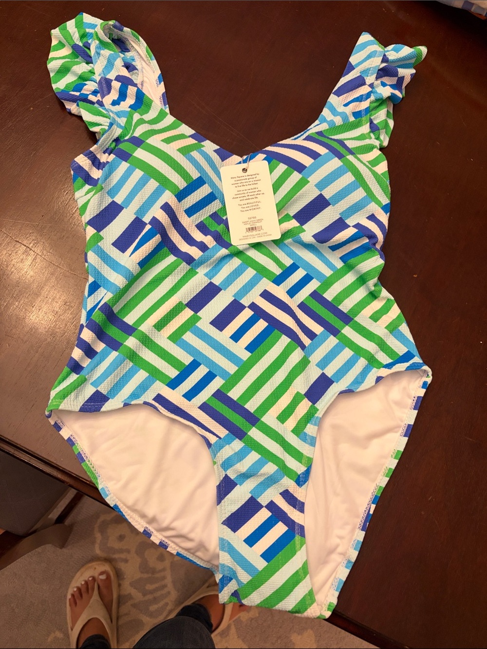 Women’s One-Piece Swimsuit — Blue & Green Geometric Print